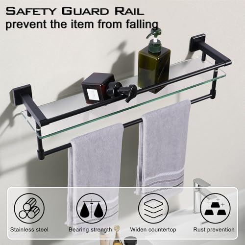 Glass Shelves for Bathroom with Towel Bar/Rack 24" Tempered Glass Shelves with Stainless Steel Towel Holder for Wall Shelf Sink Over Toilet (Matte Black) - color: Matte Black, size: 24-inch with Railing