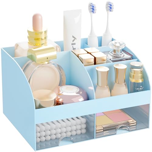 Makeup Organizer with 2 Drawers, Cosmetic Storage for Dresser Vanity and Bathroom Countertop,Make up organization and Skincare Storage with Beauty Brush Holder, Cosmetic Display Case (Blue) - color: Blue