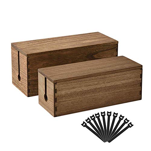 KIRIGEN Wooden Cable Management Box Set of 2 - Solid Wood Large & Small Cord Organizer Hides Power Strips, Chargers & Wires for Desk, TV Stand, Home Office Brown DXH2T-DBR - color: Dark brown