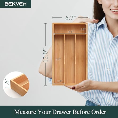 Small Silverware Organizer, Bamboo Kitchen Drawer Organizer, Utensil Holder, Cutlery Tray & Spoon Flatware Storage with Grooved Drawer Dividers (6.7''W x 12''D) - color: Natural, size: 6.7''W x 12''D