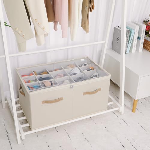 TOPIA HOME Shoe Organizer for Closet, Foldable Shoe Box with Adjustable Dividers and Clear Cover, Space Saving Shoe Storage Organizer Cabinet with Reinforced Handles, Fits 20 Pairs, Beige TP10Y - color: Beige, size: Extra Large(26.5''L x 16.54''W x 13.5''
