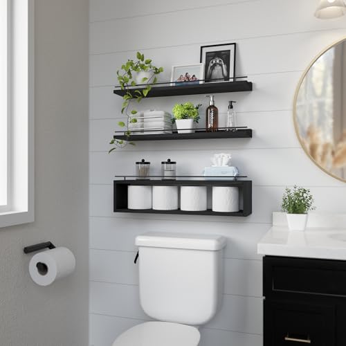 WOPITUES Floating Shelves for Wall 24 inch with Cube Shelf, Wall Shelves with Metal Rail for Decor, Bathroom Organizers and Storage, Over Toilet Shelves for Bathroom, Toilet Paper-Black - color: Black, size: 23.6 inch