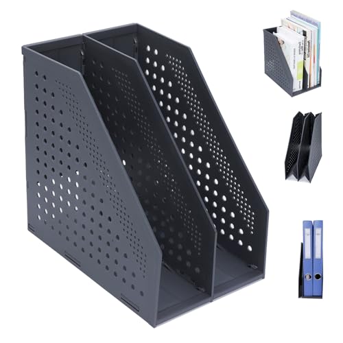 FRETONBA Collapsible Magazine File Holder with 2 Vertical Compartments Foldable Binder Holder for Desk Binder Storage Organizer Plastic Magazine Holders for Shelf, Dark Gray - color: Dark Gray, size: 2 Compartments - 1Pcs