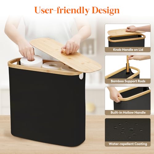 Lifewit Toilet Paper Storage Holder for 12 to 16 Rolls, Free Standing Toilet Paper Basket Stand with Bamboo Lid, Collapsible Fabric Bathroom Organizer Box for Mega Rolls, 30L, Extra Large, Black - color: Black, size: 30L