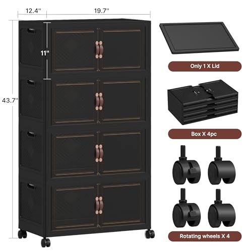 480QT Extra Large Stackable Storage Bins with Lids & Wheels & Door, 120Gal Foldable Collapsible Closet Organizers, Plastic containers drawers for bedroom Dorm - color: Black