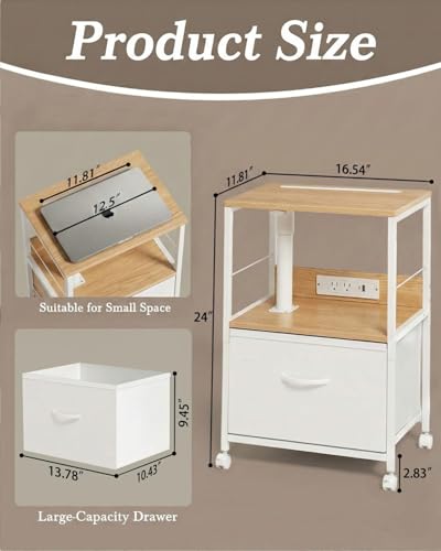 Faesun Swivel Lift Top Nightstand with Charging Station, Rolling Side Table for Recliner, Bedside Table with Wheels & a Fabric Drawer, for Small Spaces, for Bedroom, Living Room, Oak White - color: Oak White, size: 1 Drawer