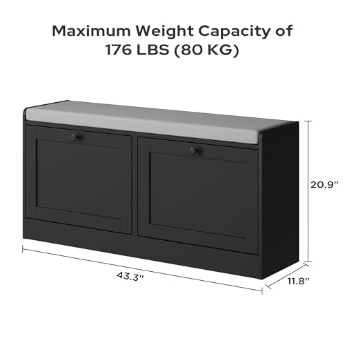 MHOM Black Modern Entryway Bench with 2 Flip Drawers, Shoe Bench with Padded Seat Cushion, Wooden Storage Bench for Hallway and Entryway - color: Black