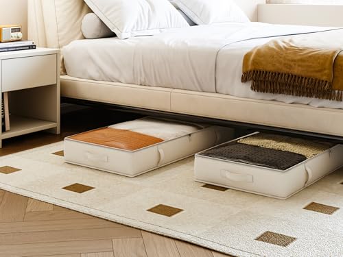 Vailando Side-Supported Under Bed Storage Containers, 6 Inches Tall 60L Underbed Storage Bins with Sturdy Handles and Sidewalls, Closet Organizer for Clothes, Blankets, Seasonal Items, Beige, 2-Pack - color: Beige, size: 6 Inches Tall
