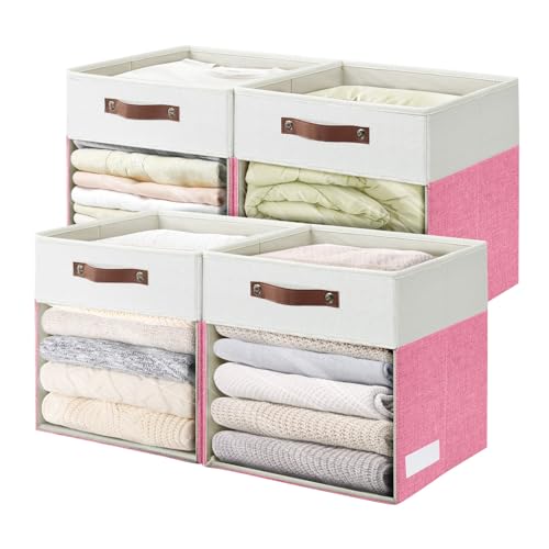 Bagnizer Storage Cubes, 4 Pack Linen Foldable Storage Bins (13 x 13 inch) with Clear Window and Handles, Fabric Organizer for Shelf Closet, Clothes, Books - (Pink and White) - color: Pink / Off-White, size: 13 x 13 x 13