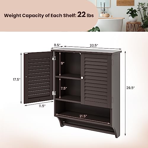 Tangkula Wall Mounted Bathroom Cabinet w/Open Shelf & Bar, Medicine Cabinet w/Double Louvered Doors, Adjustable Shelf, Wall Storage Cabinet for Bathroom Living Room Kitchen (Espresso) - color: Espresso