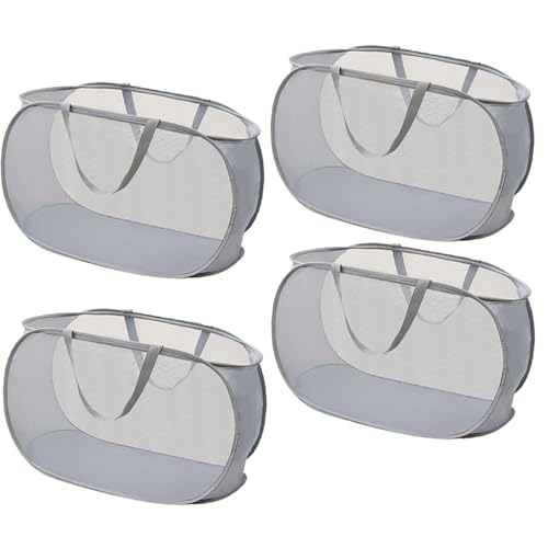 4 Piece Popup Mesh Laundry Basket Durable Handles Collapsible Laundry Baskets Folding Clothes Pastic Hamper for Laundry Room College Dorm (Gray) - color: Gray