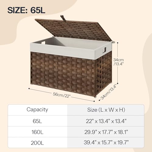 HOOBRO Storage Basket with Lid, 17.2 Gallon (65L) Wicker Basket, Handwoven Blanket Storage Basket with Handles, Metal Frame and Soft Lining, Foldable for Bedroom, Laundry Room, Brown BR265CW01 - color: Brown, size: 22"L x 13.4"W x 13.4"H