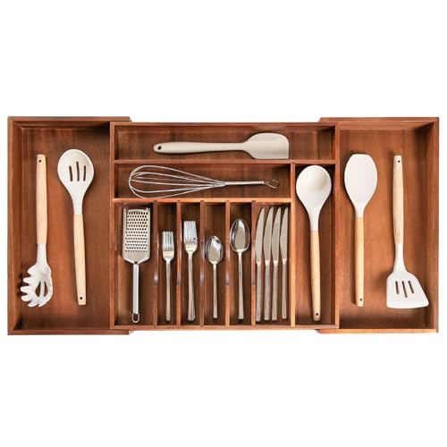 KitchenEdge Premium Silverware, Flatware and Utensil Organizer for Kitchen Drawers, Food-Safe Contract Grade, Expandable from 18 to 33 In, Natural Acacia - color: Natural Acacia, size: From 18" to 33" wide