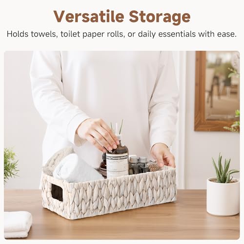 StorageWorks Wicker Toilet Paper Basket for Back of Toilet Baskets, Water Hyacinth Bathroom Basket Organizer and Storage for Tank Topper, Small Tank Trays for Decor with Built-in Handles, White - color: White (Water Hyacinth)