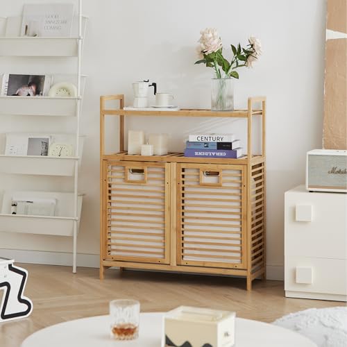 Baveke Double Tilt Out Laundry Hamper, Bamboo Hamper with 2 Removable Bags, Pull Out Laundry Hamper Cabinet, Bathroom Storage Shelf for Laundry Room, Living Room, Bedroom (2-Tier, Natural) - color: Natural, size: YSJ02-2T
