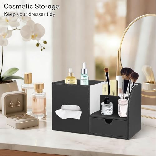 PU Leather Square Tissue Box Cover with Tray and Organizer, Multi-Function Remote Control Tissue Holder for Vanity, Nightstand, Bathroom, Home and Office - color: Black
