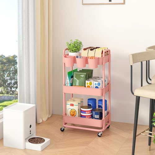 JIUYOTREE 3-Tier Plastic Rolling Storage Cart Utility Cart with Extra Hanging Cups Handles Lockable Wheels for Living Room Bathroom Kitchen Office Pink - color: Pink, size: 3-Tier