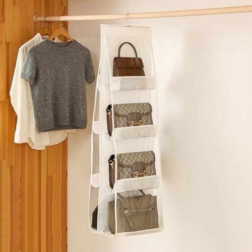 HAN SHENG 8 Pockets Clear Handbag & Purse Organizer Hanging Bag Storage - Space Saving Hanging Shelf for Closet, Wardrobe, Over Door (1 Pack, White) - color: White, size: 8 Pockets-1pc