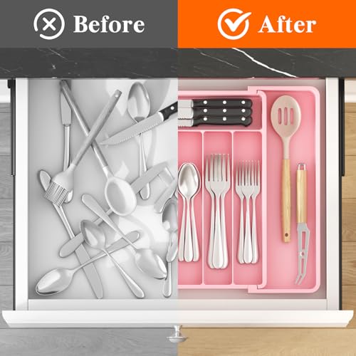 Lifewit Silverware Drawer Organizer, Expandable Utensil Tray for Kitchen, BPA Free Flatware and Cutlery Holder, Adjustable Plastic Storage for Spoons Forks Knives, 10.9"-17.5" x 13.7", Pink - color: Pink, size: Large (11-18''W x 14''D)