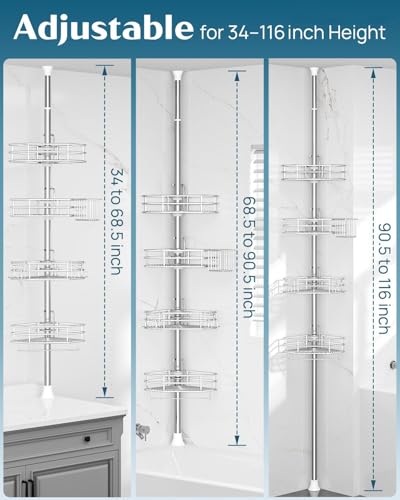 SEIRIONE Corner Shower Caddy Tension Pole, Quick Setup, Rust-Free Bathroom Shower Organizer Corner for Bathtub Shampoo Storage, 4-Tier Adjustable Shelf, Drill Free, Fits 34 to 116 Inch Height, Silver - color: Silver