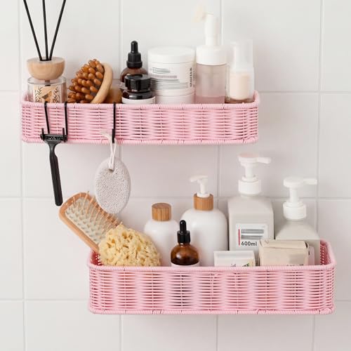 GRANNY SAYS 2 Pack Wicker Shower Caddy Hanging, Shower Shelf for Inside Showers, Adhesive Shelves for Bathroom Organizers and Storage, Bathroom Shelves Wall Mounted with 4 Hooks for Home Decor, Pink - color: Pink, size: Rectangular