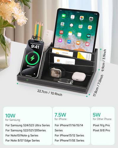 Valet Tray, Built in Wireless Charging Pad, Nightstand Organizer, Dresser Organizer, Mens Jewelry Box, Valet Charging Station, Faux Leather Valet Tray for Men and Women (Black+Wireless) - color: Black