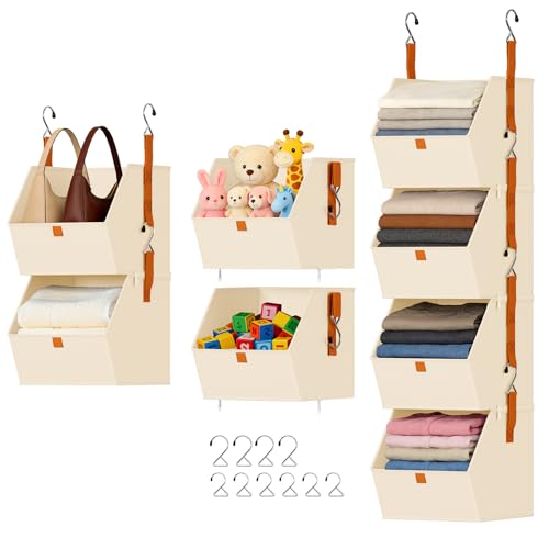 DIMJ Hanging Closet Organizer - 4 Tier Collapsible Hanging Shelves with Hooks Zipper, Fabric Clothes Organizer, Space-Saving Storage Bin Basket for RV, Bedroom, Laundry Organization - color: Beige, size: 4 Pack