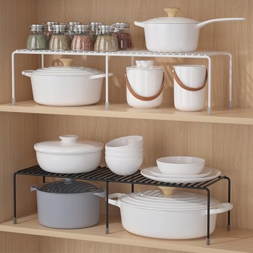 Expandable Cabinet Organizer for Kitchen Cupboard Under Sink Countertop Bathroom Bedroom Office Table Desk Counter Storage Organization Rack Saver Stackable Saving iron Frame Rust Resistant (White)