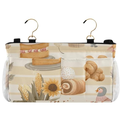 Bedside Caddy Metal Frame Hanging Organizer Bunk Bed Dorm Accessories Hook And Loop Storage Bag Large Pockets Beige Bread Pumpkin Thanksgiving - color: Beige Bread Pumpkin Thanksgiving