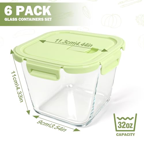 Glass Soup Containers with Lids 32oz - Borosilicate Glass Storage Containers 4 Cup, Freezer to Microwave Safe, Airtight Leak Proof, Square Meal Prep Containers for Lunch Travel- 6 Pack - color: Multicolor6