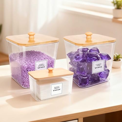 4 Pack Laundry Pods Container and Dryer Sheet Holder with Bamboo Lids, Laundry Room Organization Set with Labels and Scoops for Detergent Powder, Scent Booster Beads, 2600 +2000ml/0.53+0.7gal