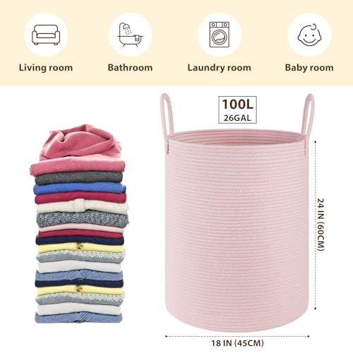 OIAHOMY Large Laundry Basket Hamper - 100L Cotton Rope Woven Basket for Blankets, Toys, Clothes - Tall Decorative Nursery Hamper with Long Handles, Pink - color: Pink, size: 100L