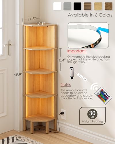 Corner Shelf Stand, 5 Tier Corner Bookshelf with Light,Corner Furniture for Bedroom Display Corner Shelf for Small Space,Wood Shelves with Storage Rack for Living Room,Office,Oak - color: Oak