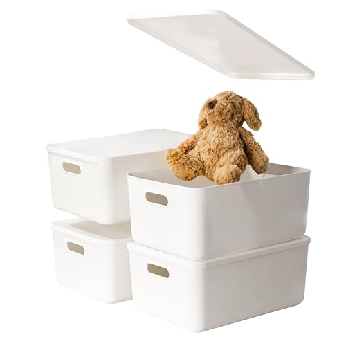 4 pack large plastic White storage bins with Lids, Toy Box Chest with Handle，Organizer Containers Baskets for Baby,Nursery，Shelves，Playroom, Bedroom，Office,Closet，home (White, 4M) - color: White, size: Set of 4 Medium