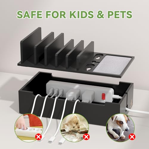Pezin & Hulin Natural Bamboo Cable Management Box, Wire Organizers for Cords, Charge Station Box, Desktop Dock Organizer Rack for Electronic Device (Include 6 Cables)(No Power Adapter) -Black - color: Black (No Charger)