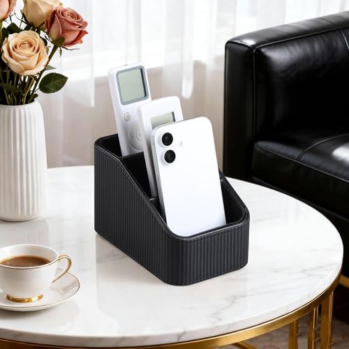 Remote Control Holder, PU Leather Nightstand Organizer Bedside Caddy with 3 Compartments, Small Desk Organizer for Remote/Pen/Glasses/Phone (Black) - color: Black