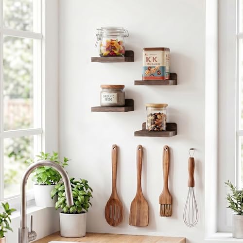 Fixwal Small Shelf for Wall, 5X5 Inches Floating Shelves Set of 4, Rustic Wood Small Wall Mounted Shelves for Bedroom, Living Room, Kitchen, Bathroom Decor (Dark Carbonized Black) - color: Dark Carbonized Black