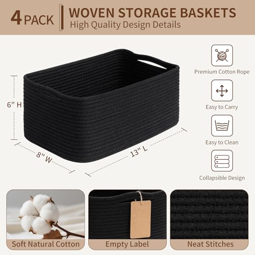 Goodpick 4 Pack Storage Baskets for Shelves, Rectangle Cotton Rope Baskets for Organizing, Closet Storage Bins for Baby Toys, Decorative Woven Basket with Handles, 13''L x 8''W x 6''H, Black - color: Black