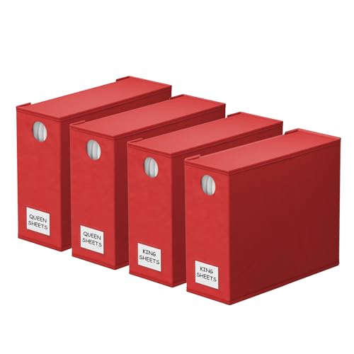SpaceAid 4 Pack Bed Sheet Organizers and Storage, Foldable Sheet Organizer for Linen Closet, Sheets Set Folder Keeper with Window XL (Queen & King Size) Bedding Container (Red, 4 Pack) - color: Red, size: 4 Pack