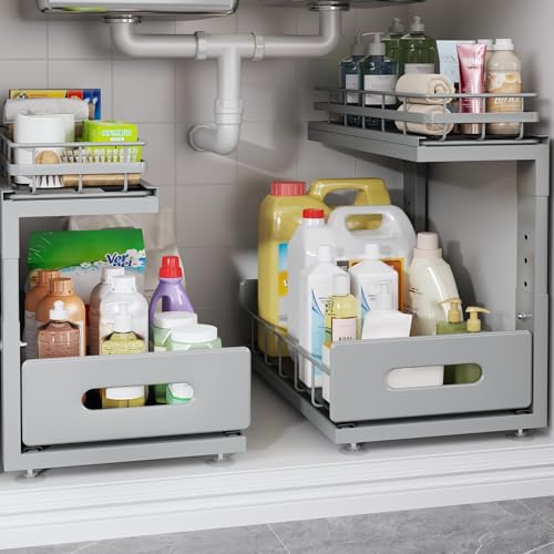 Under Sink Organizer Upgrade To Professional Rails,2-Tier Dual Pull Out Cabinet Storage,Height Adjustable Slide Out Drawers For Bathroom Kitchen,2 Pack-14.5"Dx12.8"-16.9"H,Gun Gray - color: Gun Gray, size: 2 Pack-14.5"Dx12.8"-16.9"H