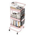 DTK 3-Tier Metal Utility Rolling Cart with Table Top and Side Bags, Art Craft Cart with 4 Hooks for Kitchen, Bathroom, Office, Living Room (Pink) - color: Pink, size: Large