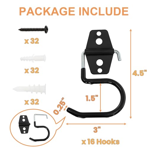 Tlence 16 Pack Metal Broom Hooks, Heavy Duty Garage Holder Wall Mount, S Type Anti-Slip Mop Rack, Cleaning Tools Holder Storage Organizer Hanger for Shovel Rakes Shed Garden Lawn Yard