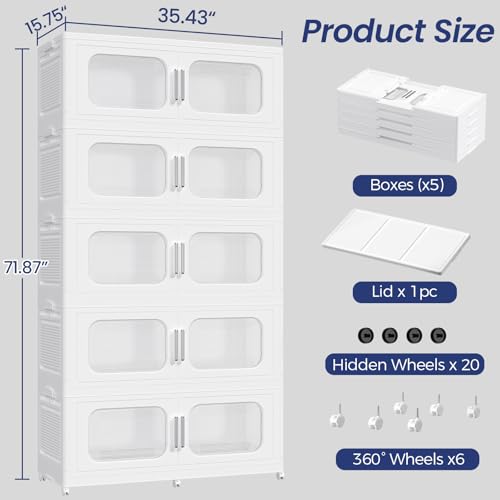 250Gal Extra Large Stackable Storage Bins with Lid & Wheels & Doors, 200QT/50GAL 5-Tiers Collapsible Closet Organizers Plastic Containers Drawers Boxes for Home Kitchen Bedroom, White - color: White, size: 50Gal-5Pack