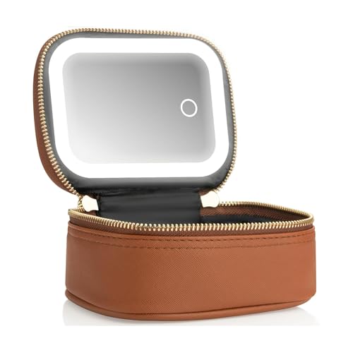 Mini Makeup Bag with Led Mirror, Small Travel Make up Bag 3 Light Modes Adjustable Brightness, for Women Organizer Cosmetic Bag, Portable Travel Train Toiletry Bag, for Pool Parties Work Touch-Ups - color: Brown