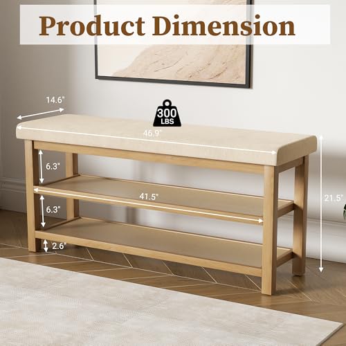 2 Tier Shoe Rack Bench with Cushion, Rubberwood Shoe Benches, Mid-Century Modern Shoe Storage Bench for Entryway, Hallway, Living Room, Closet, Front Door Entrance, Light Brown - color: Light Brown