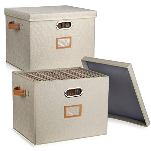 12-Inch Vinyl Record Storage Boxes with Lids and Handles, Stylish and Practical LP Record Organizer for 100+ Single Records, Suitable for Living Room, Study, Concert Hall or Office, 2-Pack(Beige) - color: Beige, size: 12 inch-2 Pack