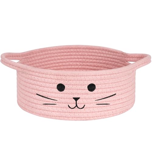 Small Rope Basket, Pink Cute Cat Toy Basket for Living Room, Gift Baskets Empty for Living Room, Decorative woven Baskets for Nursery, Baby Organizing & Towel Storage, 9.8 x 4 inches - color: Pink, size: 9.8"W x 4"H