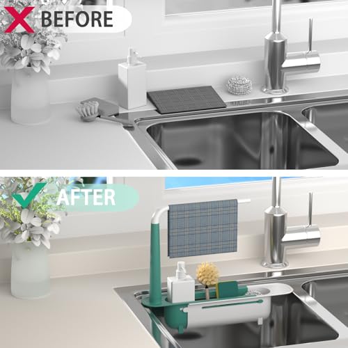 Telescopic Sink Storage Rack Adjustable with 2 Sponge - Sink Caddy Sponge Holder for kitchen sink(Green) - color: Green