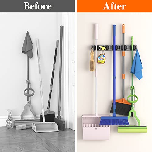 Lifewit Mop and Broom Holder Wall Mount, Anti-Slip Broom Hanger for Cleaning Supplies Organizer, Easy Install Tool Hanging Rack for Closet, Kitchen, Garage, 5 Slot 6 Hooks, Hold 30lbs, Gray, 1 Pack - color: Gray