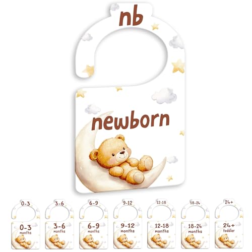 JMOST Bear Baby Closet Dividers for Nursery Closet Organizer, Newborn to 24 Months Size Clothes, Bear Moon Hangers with Size Dividers, Double Sided - color: Brown